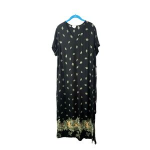 VTG Casual Womens XL Maxi Dress Floral Palm Leopard Border Tie Back Cottagecore